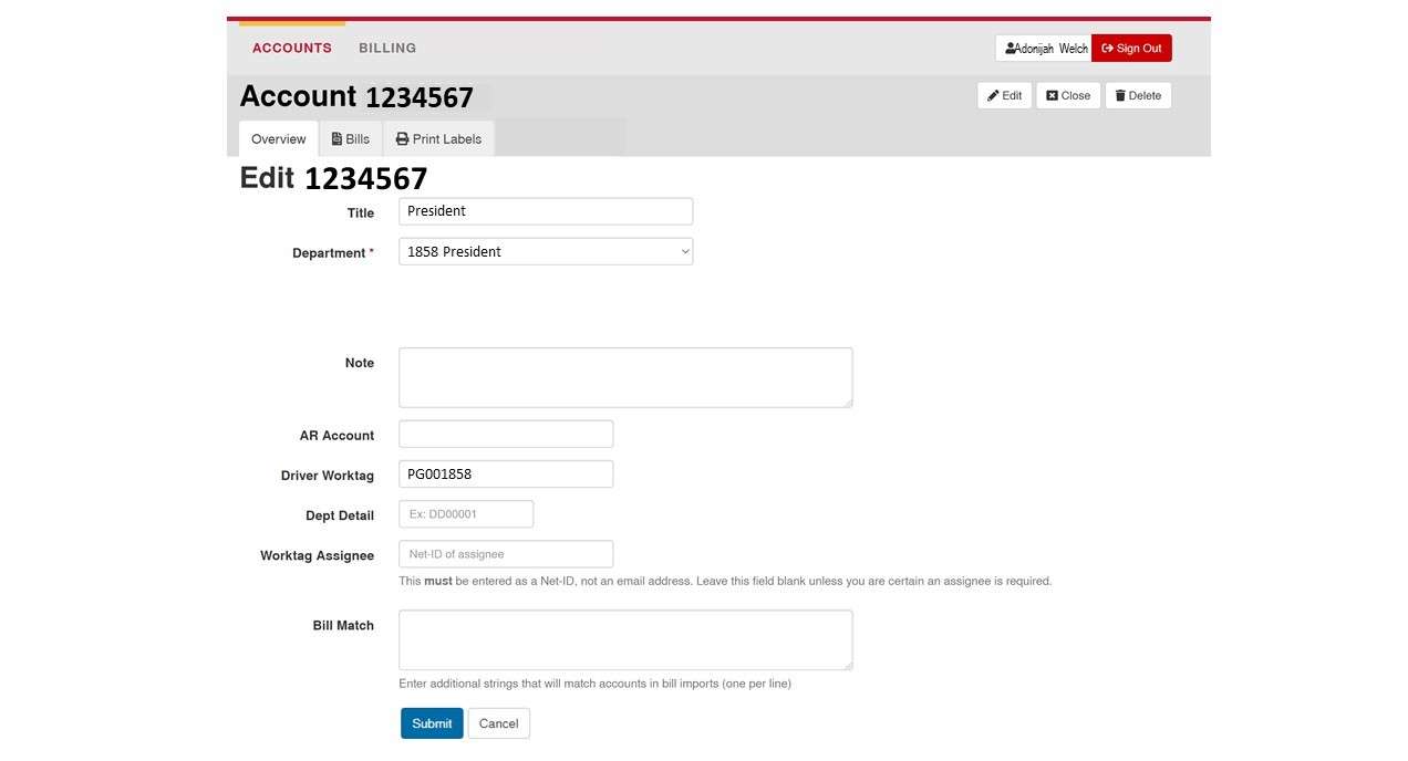 Screenshot of account fields that may be edited.