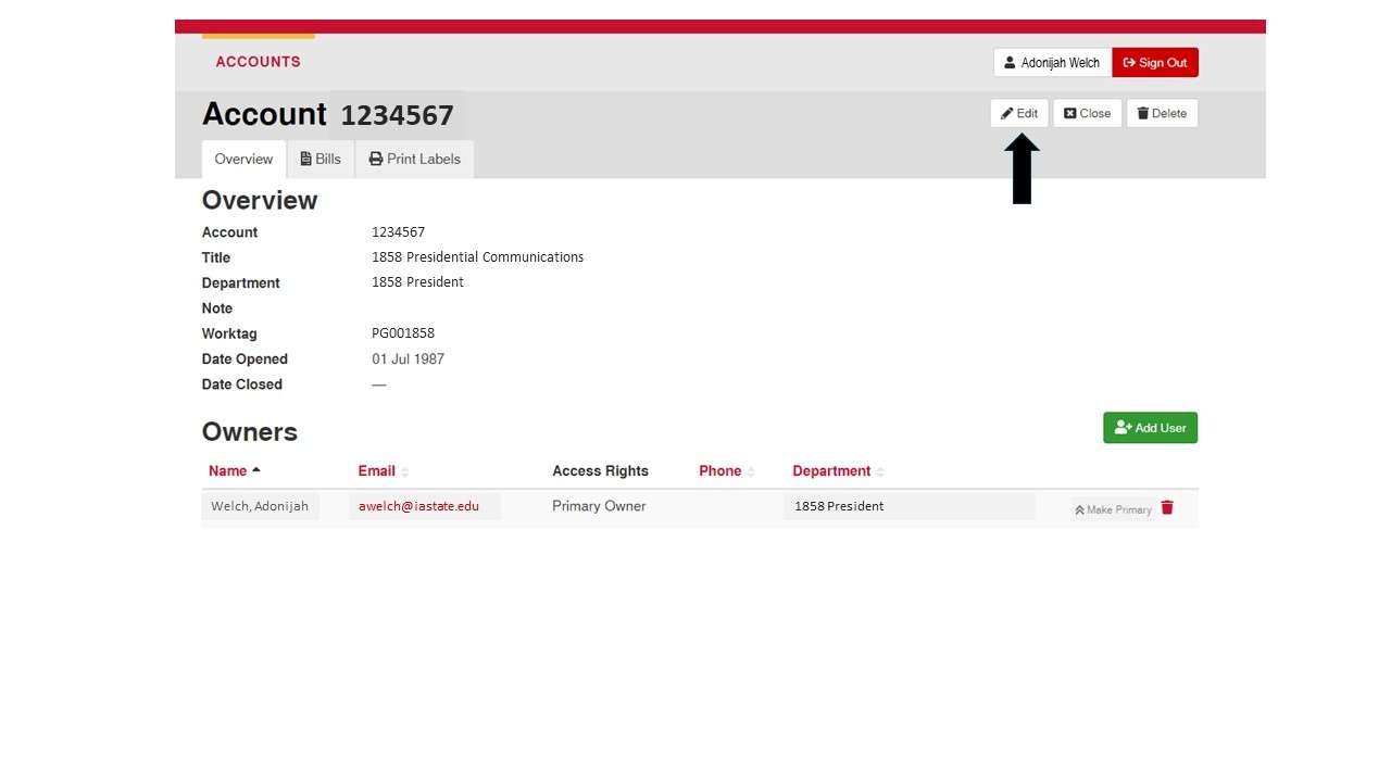 Screenshot of a postal account overview (e.g., account number, title, department, worktag, users) with an arrow pointing to Edit button.