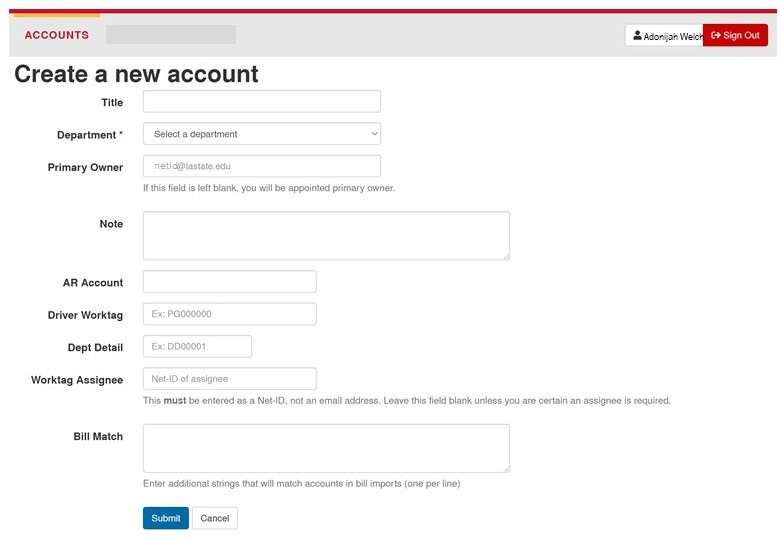 Screenshot of postal accounts web page showing fields to be completed to create a new account.