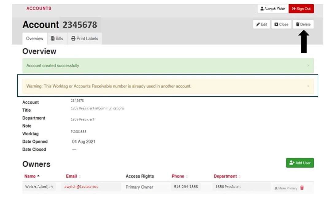 Screenshot of postal accounts web page displaying confirmation message an account was successfully created along with a warning message that account with that worktag or accounts receivables number already exists.